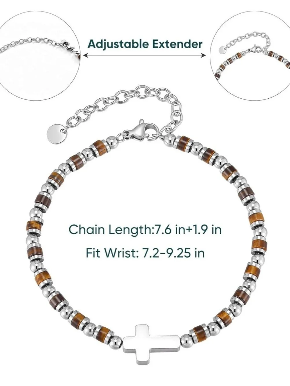 Tiger Eye Beaded Bracelet with Stainless Steel Cross